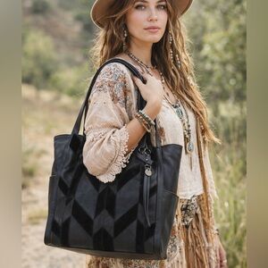 Lucky Brand Lich Leather Suede Patchwork Tote Shoulder Bag Black